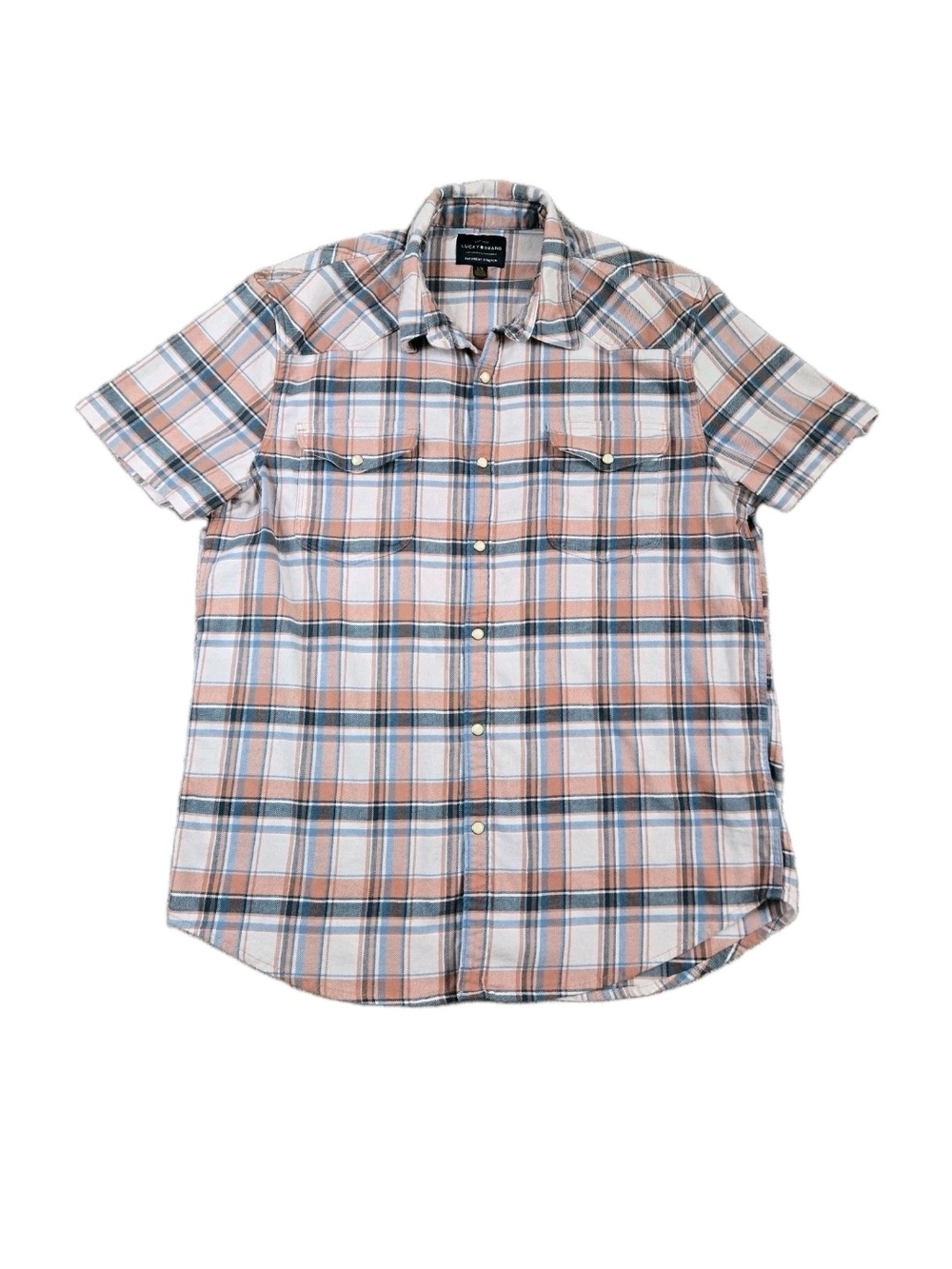 Lucky Brand Saturday Stretch Shirt Mens L Plaid Pearl Snap Button  Short Sleeve